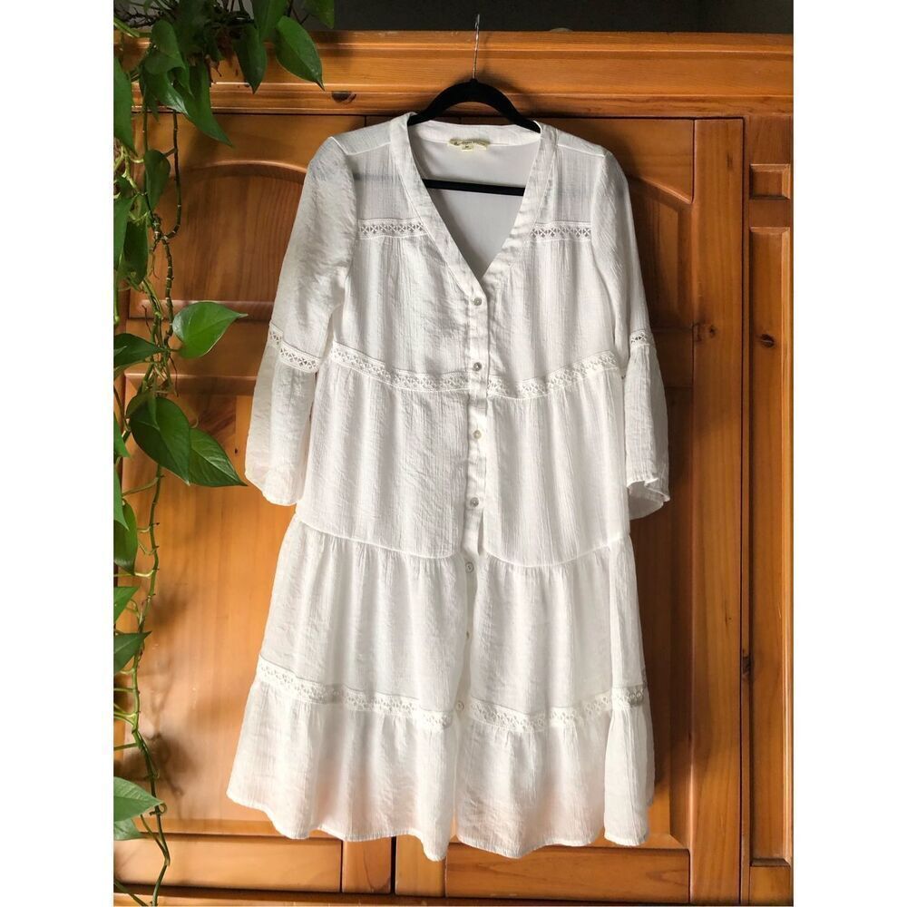 indigo Rose White Boho Tiered Dress Lace Button Front Size M - Picture 3 of 13